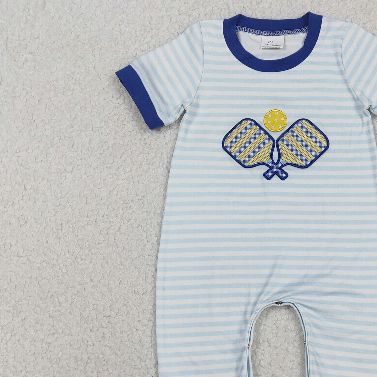 12.2 RTS NO MOQ （In stock）SR3331 Baby Boys Rompers Embroidery Tennis Balls Baby Boys Stripe Team Footie Rompers