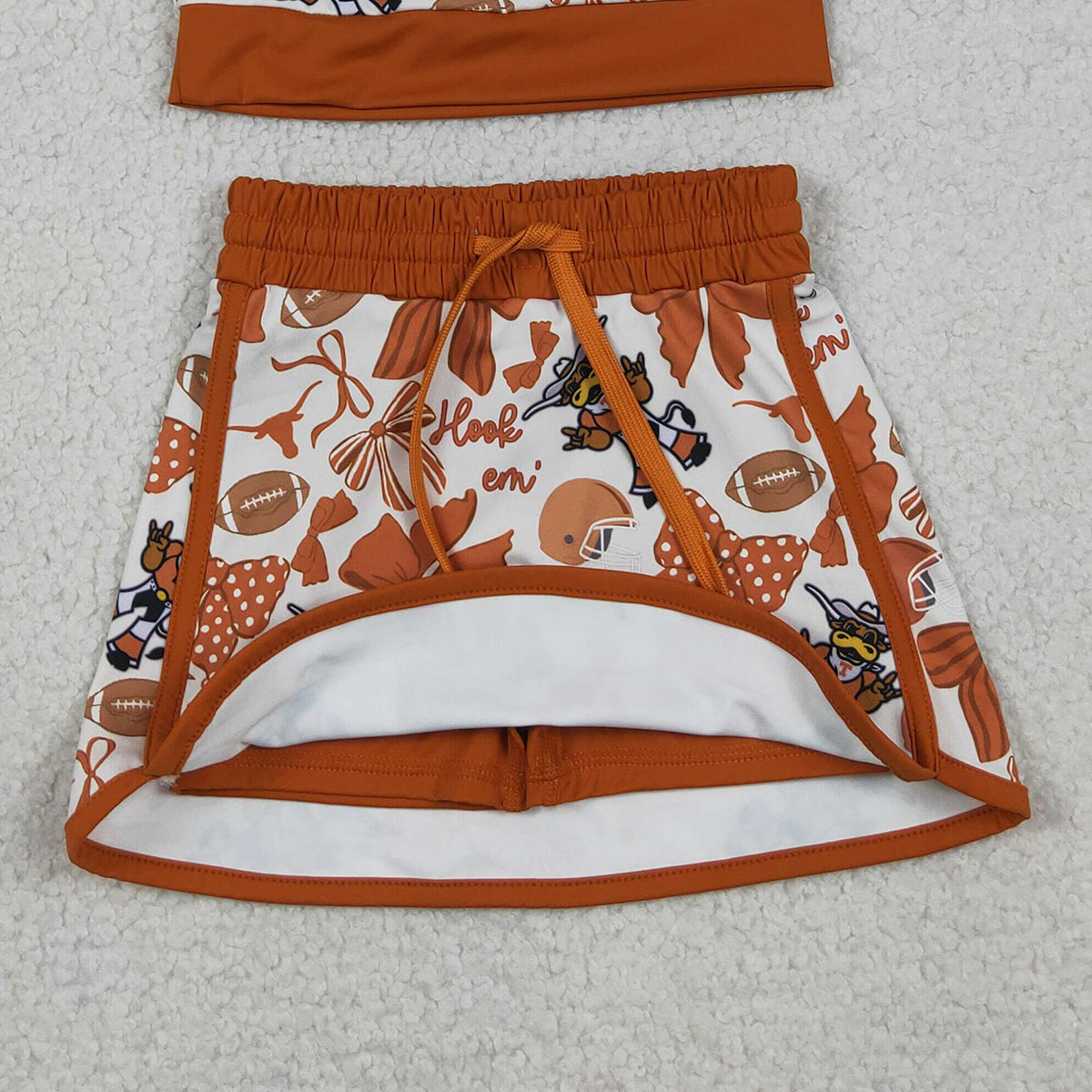 GSD3697 RTS NO MOQ （In stock ）Short sleeves football bow top skirt girls team active wear set