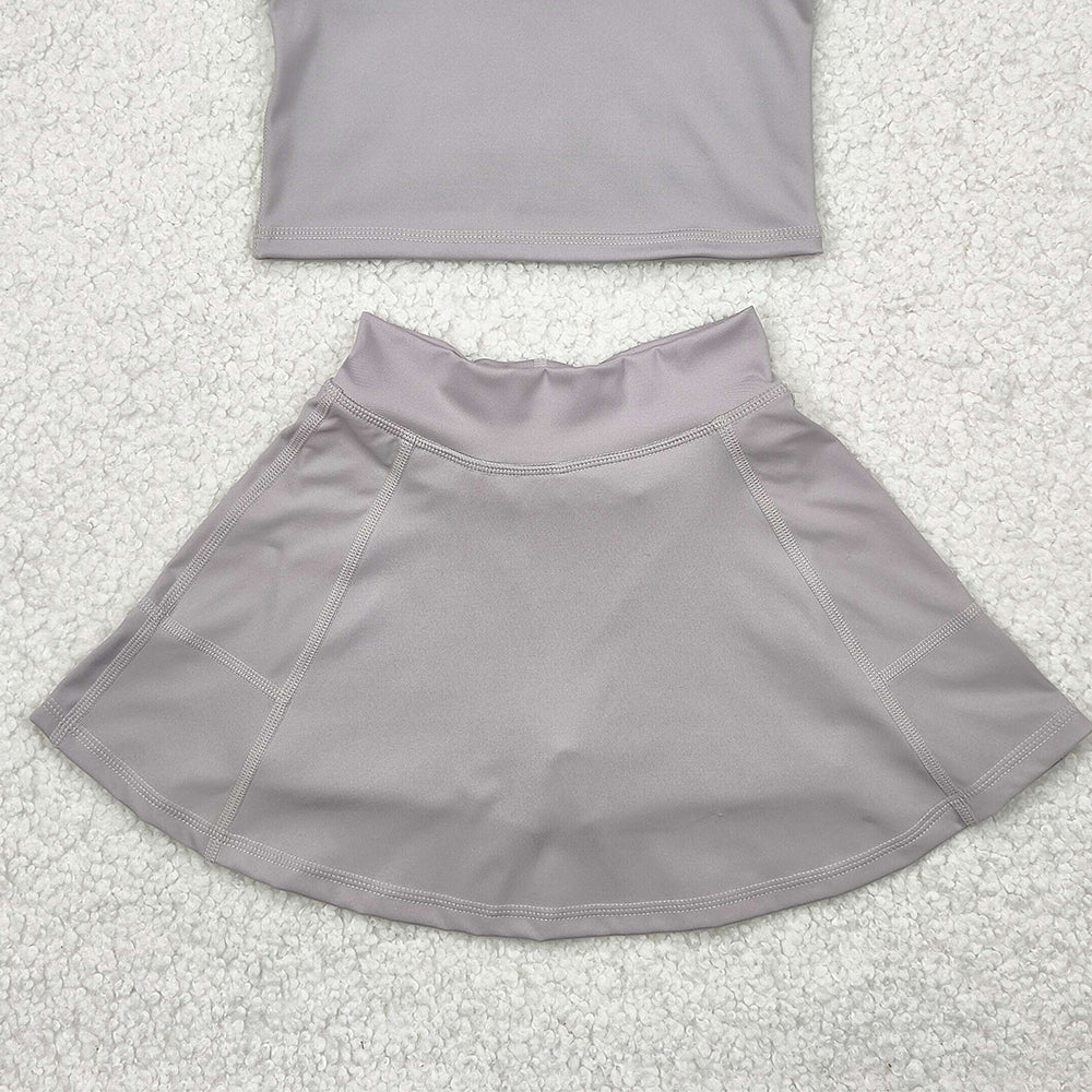 7.15  GSD1983 RTS NO MOQ Baby Girls Yoga Outfits Baby Girls Active Gray Sleeveless Top Pockets Skirt Yoga Set