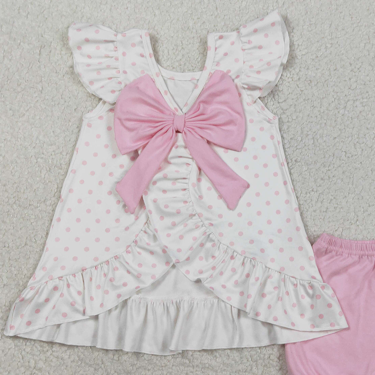 2.2 RTS NO MOQ （In stock）GSSO3018 Baby Girls Cross Polka Dots Back Bow Tunic Ruffle Short Easter Clothes Sets