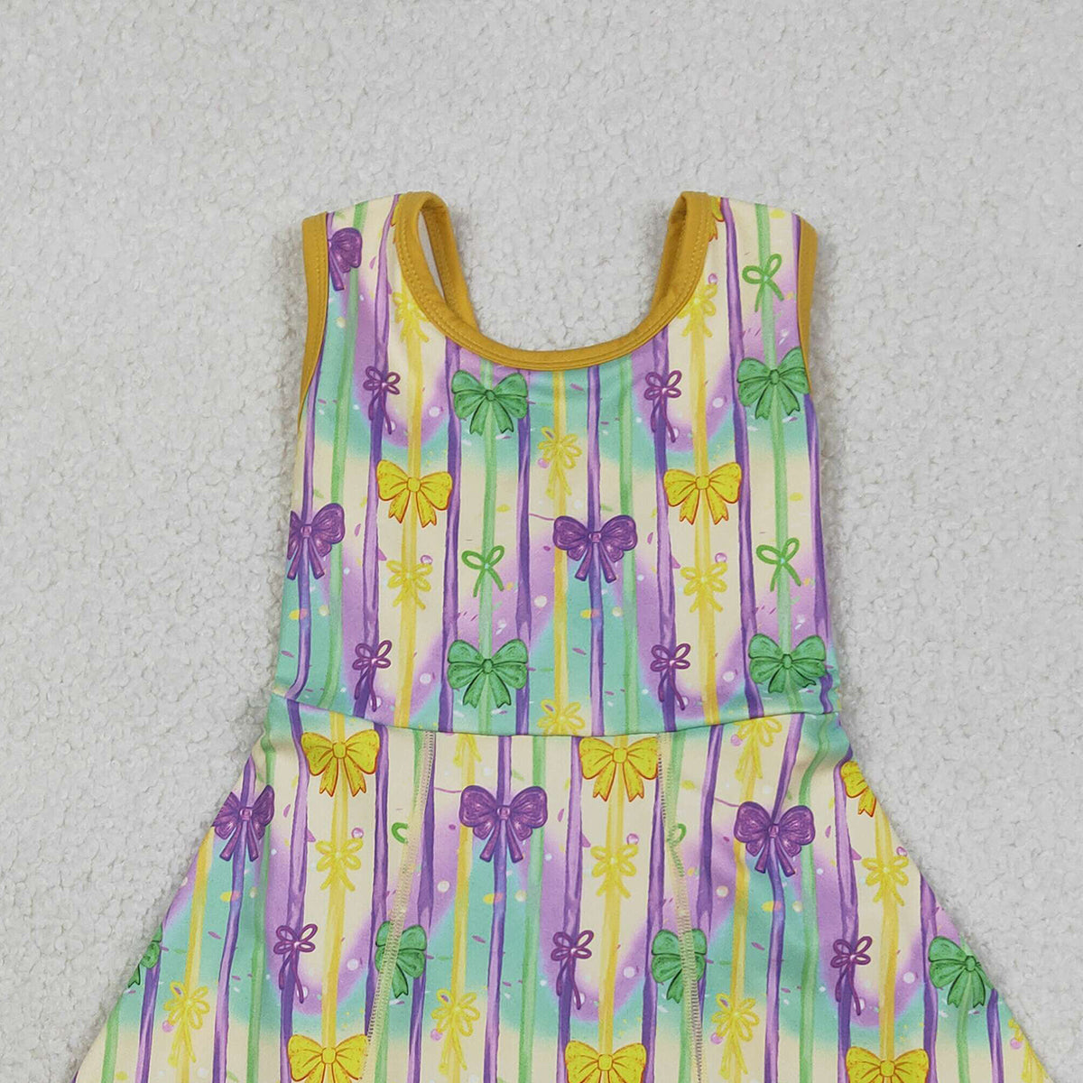 12.19 RTS NO MOQ （In stock）GSD2948 Baby Girls Mardigras Bows Stripe Yoga Active Shorts Knee Length Dresses