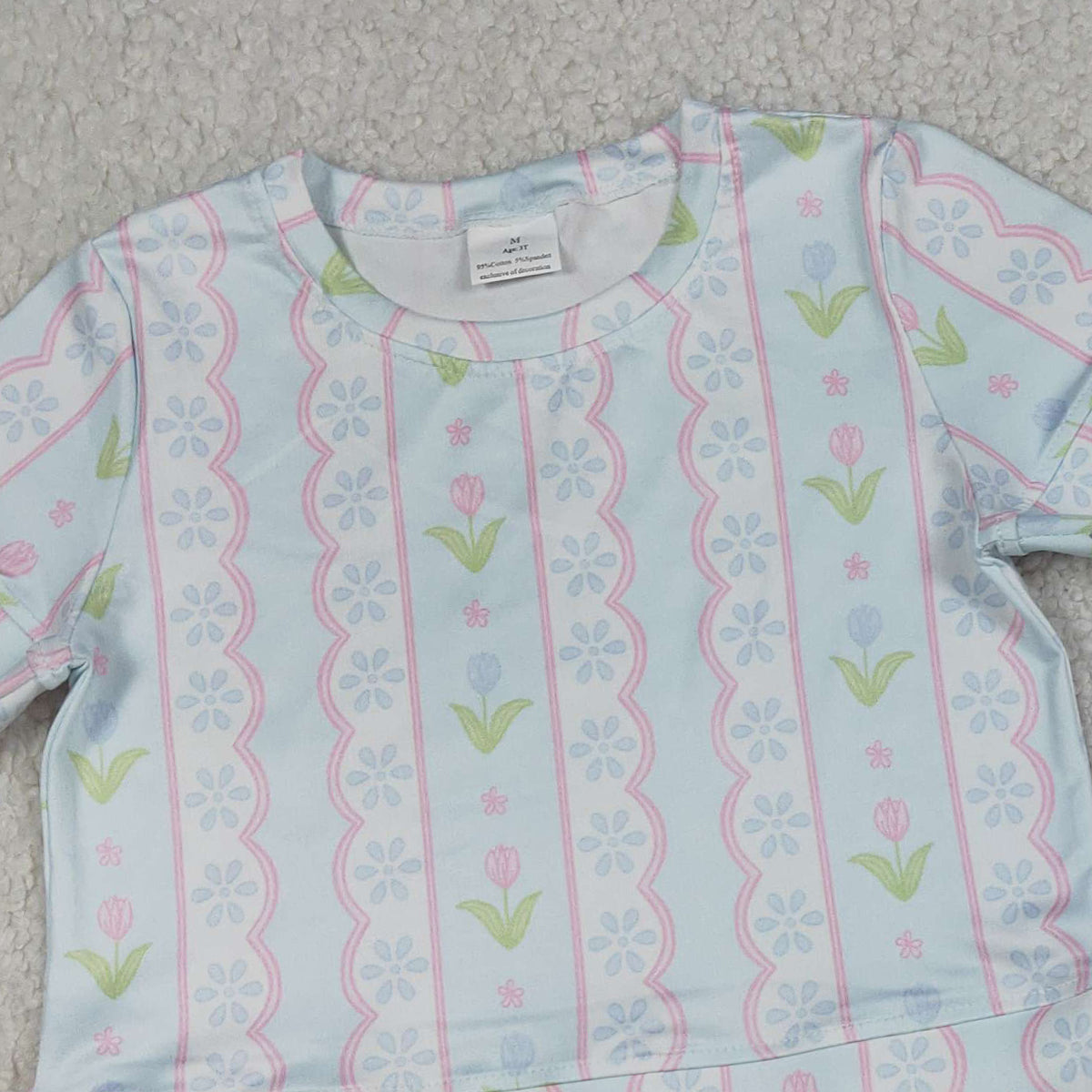 4.8 GSSO3412 RTS NO MOQ （In stock）Short sleeves light blue floral scallop kids girls summer outfits