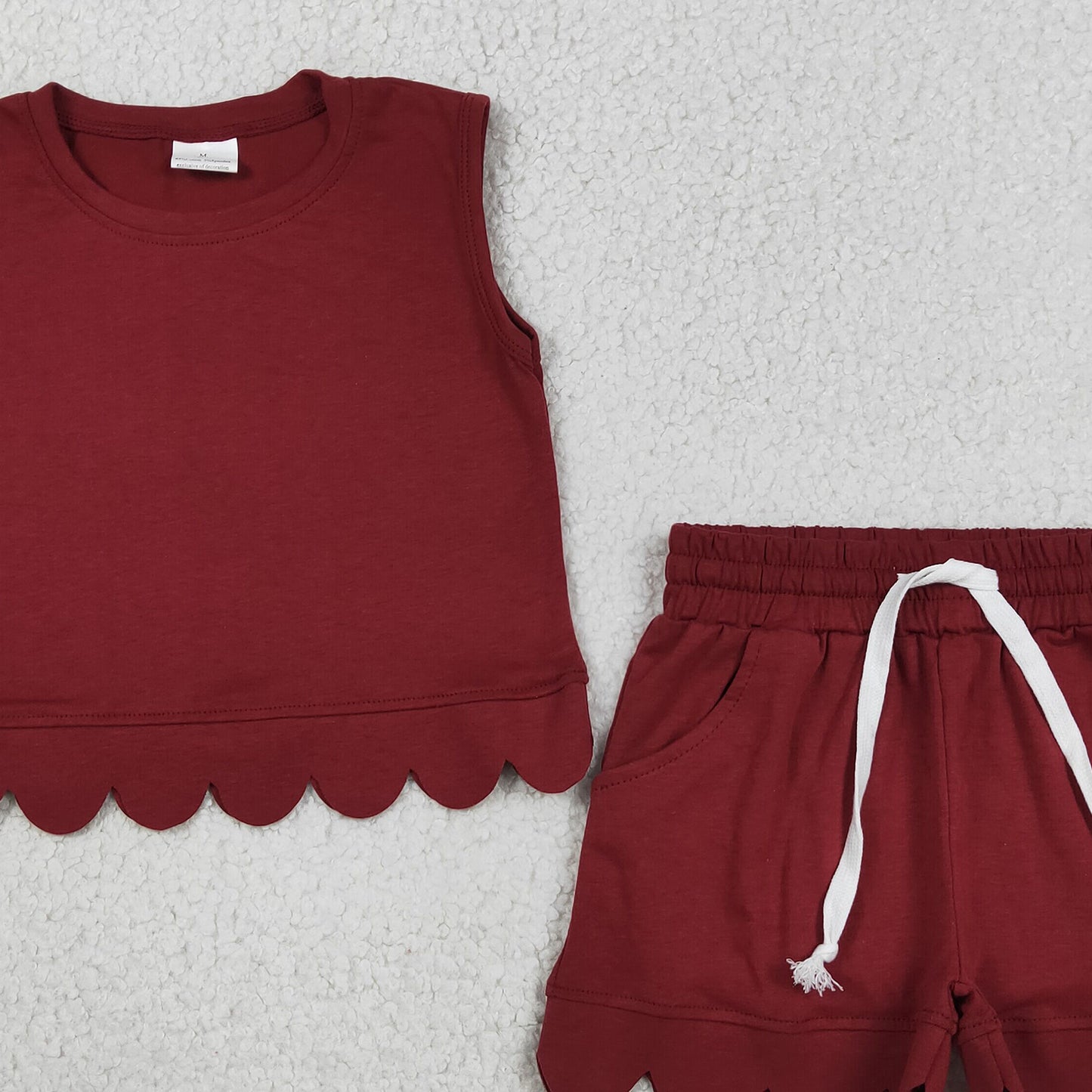 GSSO3734 RTS NO MOQ （In stock ）Sleeveless maroon scallop top shorts kids girls team outfits