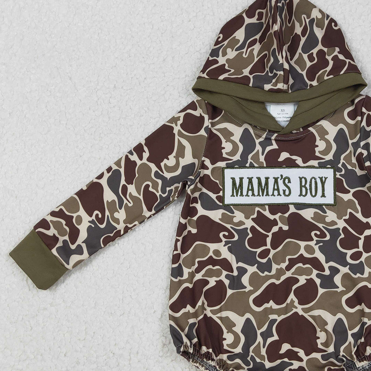 12.5 RTS NO MOQ （In stock）LR2791 Embroidery Mama's Boy Baby Boys Dark Khaki Camo Hoodie Rompers