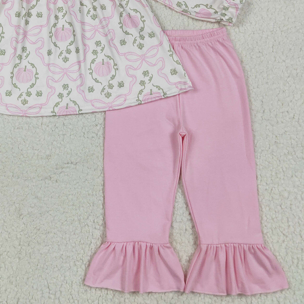 BT1256 RTS NO MOQ Baby Girls Winter Outfits Baby Girls Fall Pumpkins Bows Plaid Tunic Pink Ruffle Pant Sets