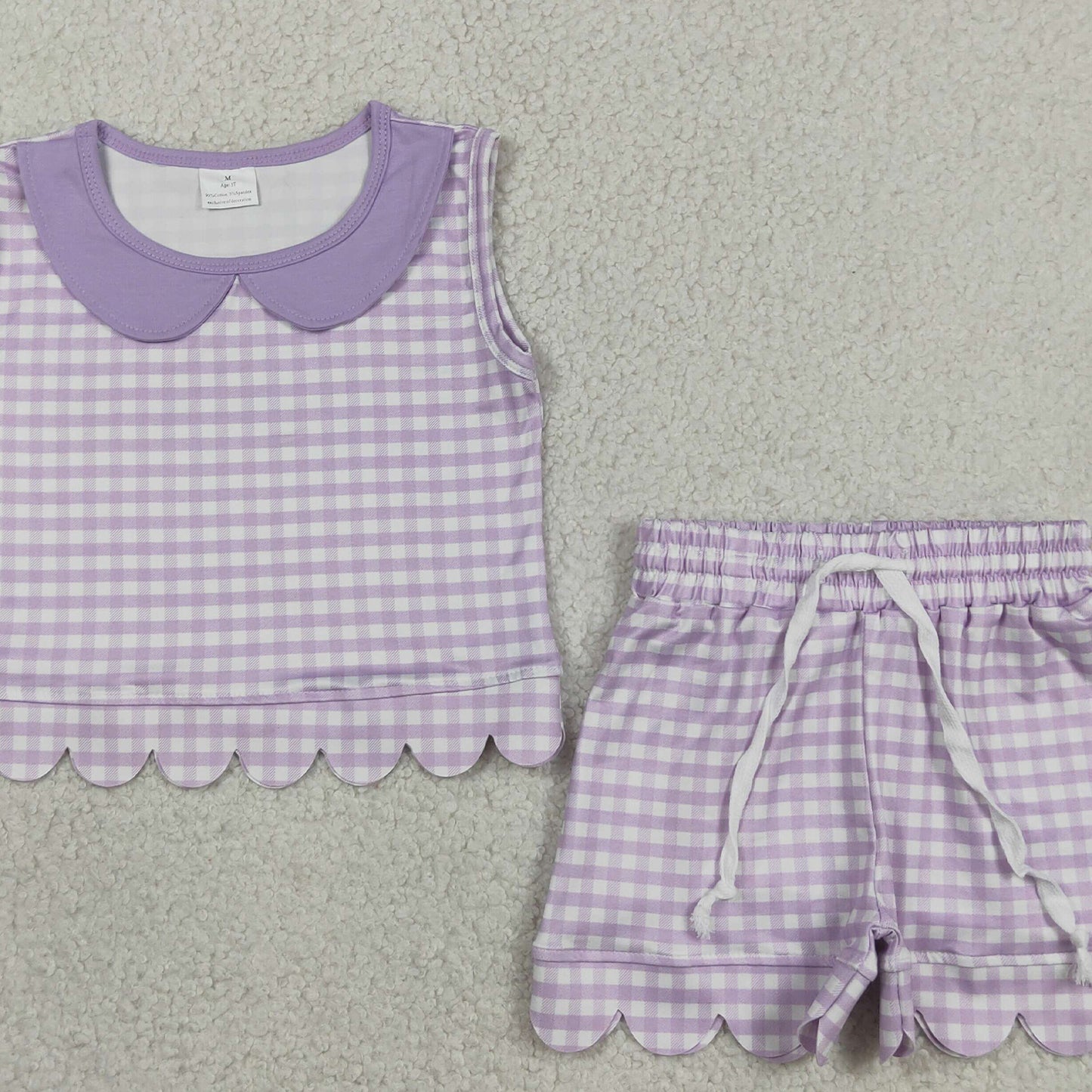 GSSO3396 RTS NO MOQ （In stock ）Sleeveless lavender plaid scallop top shorts girls outfits