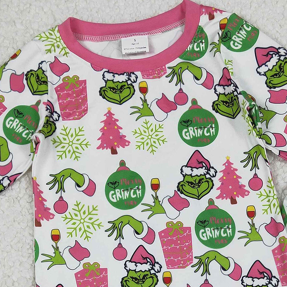 RTS NO MOQ （In stock）GLP2733 Baby Girls Winter Outfits Green Face Gifts Top Pants Christmas Pajamas Sets
