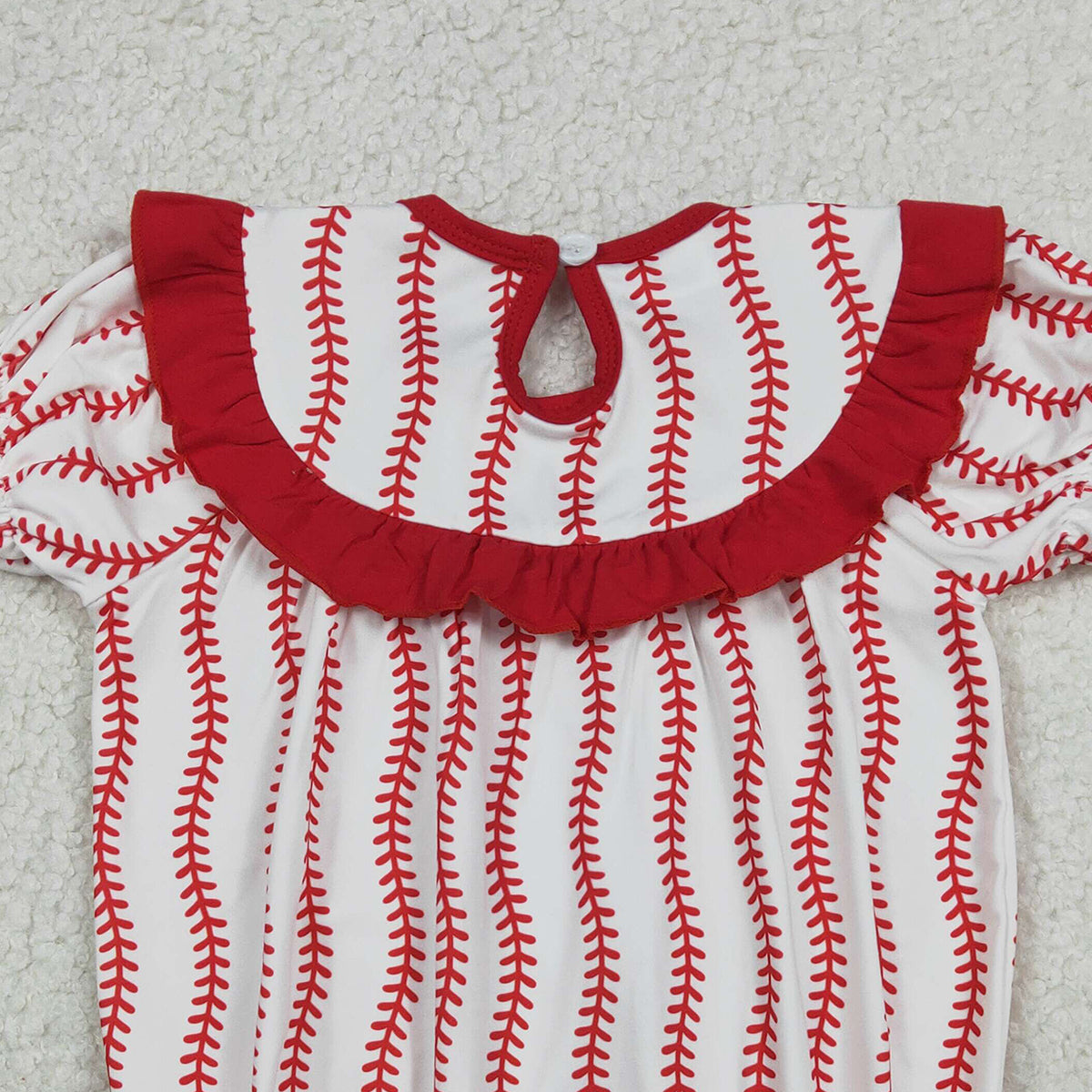 12.25 RTS NO MOQ （In stock）SR3345 Smocked Baseballs Bows Baby Girls Red Stripe Team Ruffle Rompers