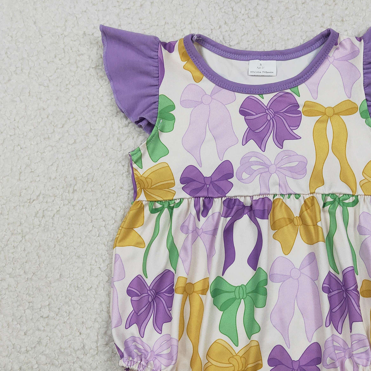 1.16 RTS NO MOQ （In stock）SR3546 Baby Girls Flutter Sleeve Mardigras Bows Plaid Ruffle Rompers