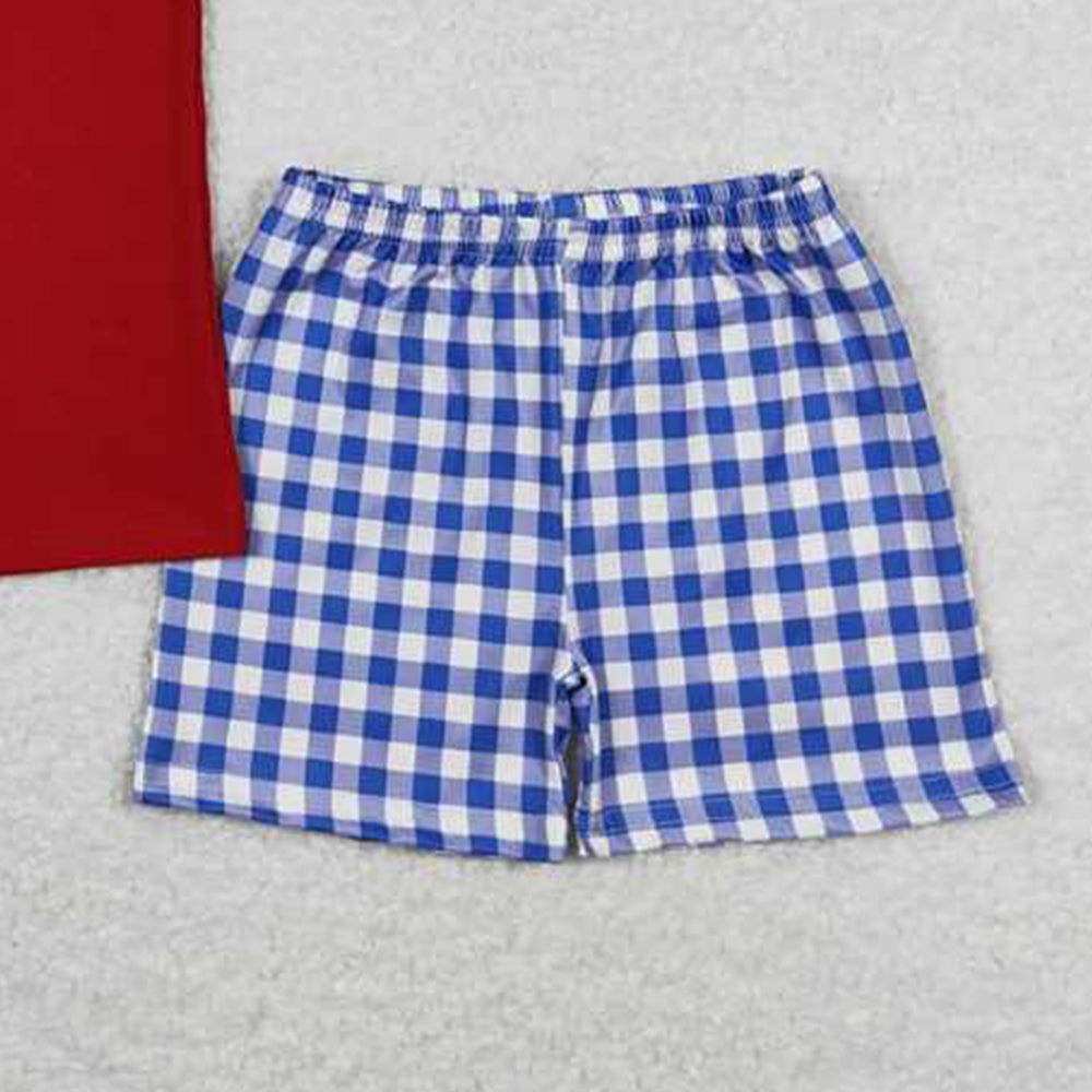 5.16 BSSO0353 RTS NO MOQ Red baseball top blue plaid shorts kids boys clothes