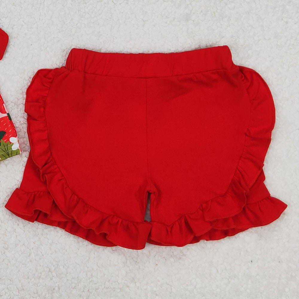 GSSO1648 RTS NO MOQ Girls Red Plaid Short Sleeve Tunic Short Set Cute Strawberry Design Children's Clothing Outfit