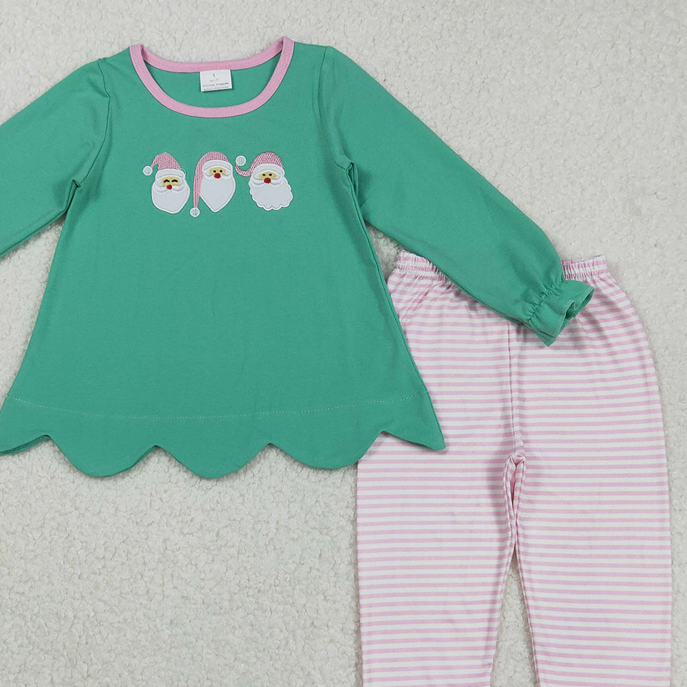 RTS NO MOQ （In stock）GLP2575 Baby Girls Winter Outfits  Green Christmas Santa Tunic with Stripe Legging Pant Sets