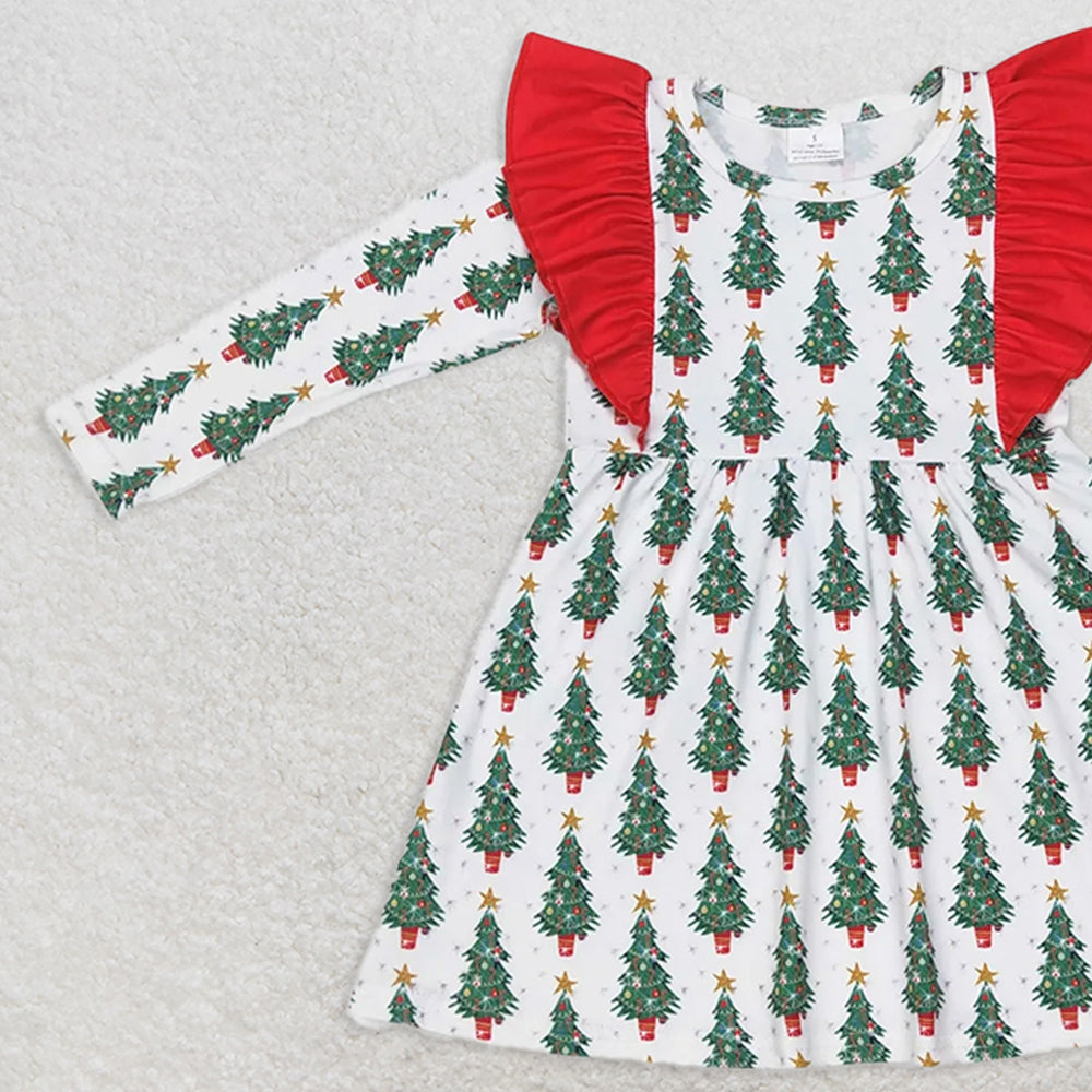 GLD0377RTS NO MOQ Baby Girls Winter Dress  Baby Girls Christmas Tree Ruffle Long SleeveKnee Length Dresses