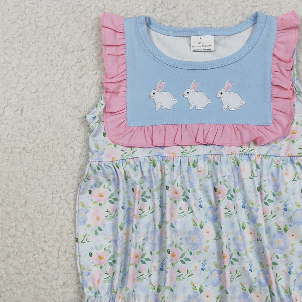 1.28 RTS NO MOQ （In stock）SR3271 Embroidery Rabbits Baby Girls Flowers Easter Ruffle Rompers