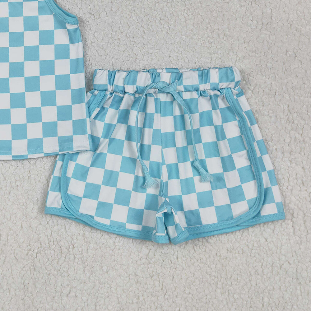 8.13  GSSO2332RTS NO MOQ Baby Girls Summer Outfits Baby Girls Blue Strap Plaid Top Short Sport Set