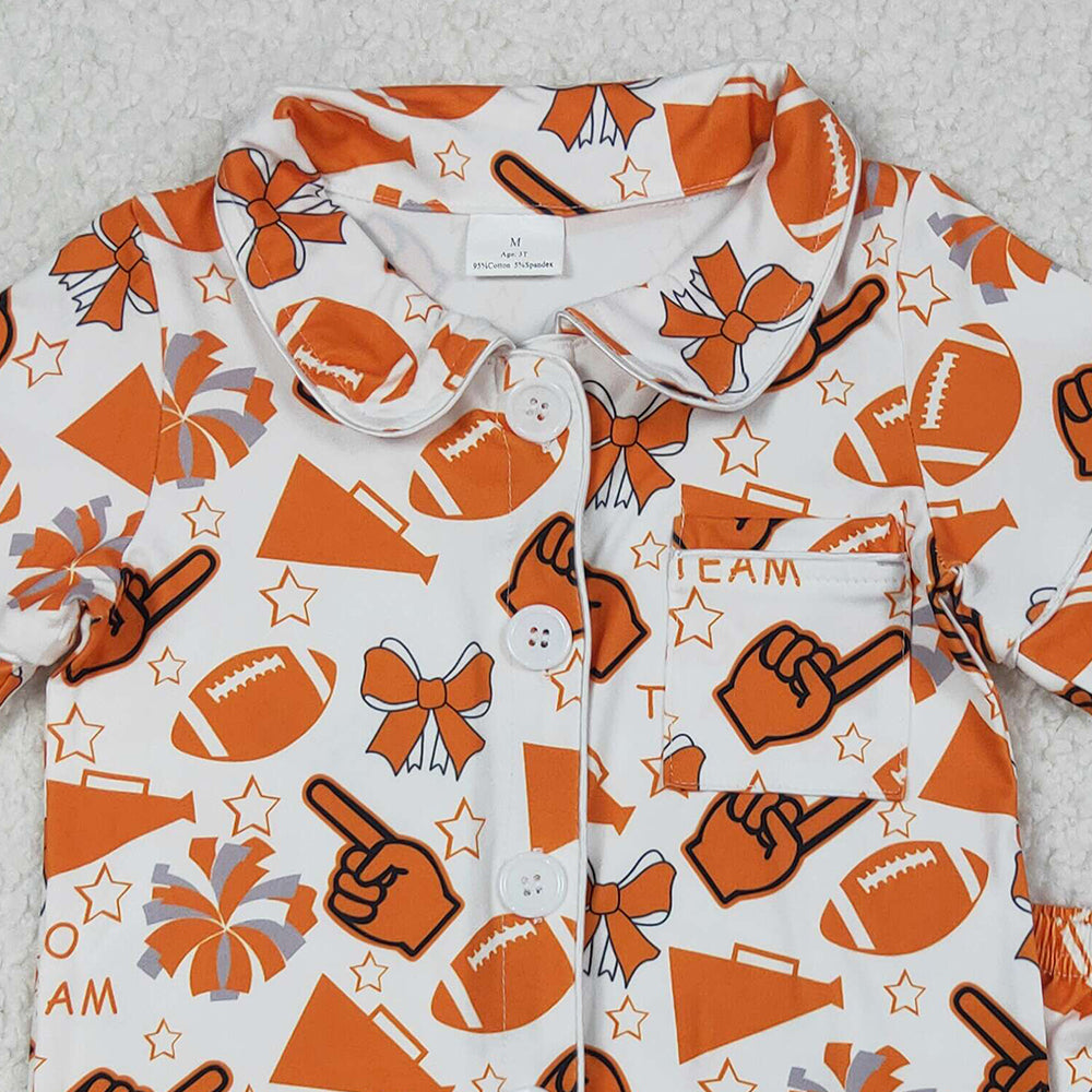 RTS NO MOQ （In stock）GSSO2676 Baby Girls Winter Outfits Kids Girls Short Sleeve Yellow Bow Team Cheer Pajamas Comfortable Sleepwear for Children