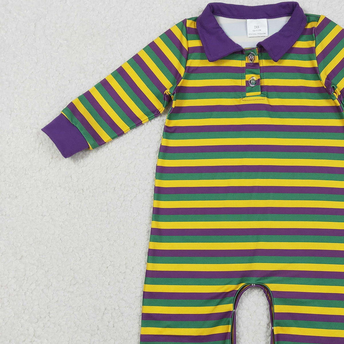 12.12 RTS NO MOQ （In stock）LR2679 Baby Girls Winter Rompers Baby Girls Purple Yellow Green Stripe Button Mardigras Button Footie Romper