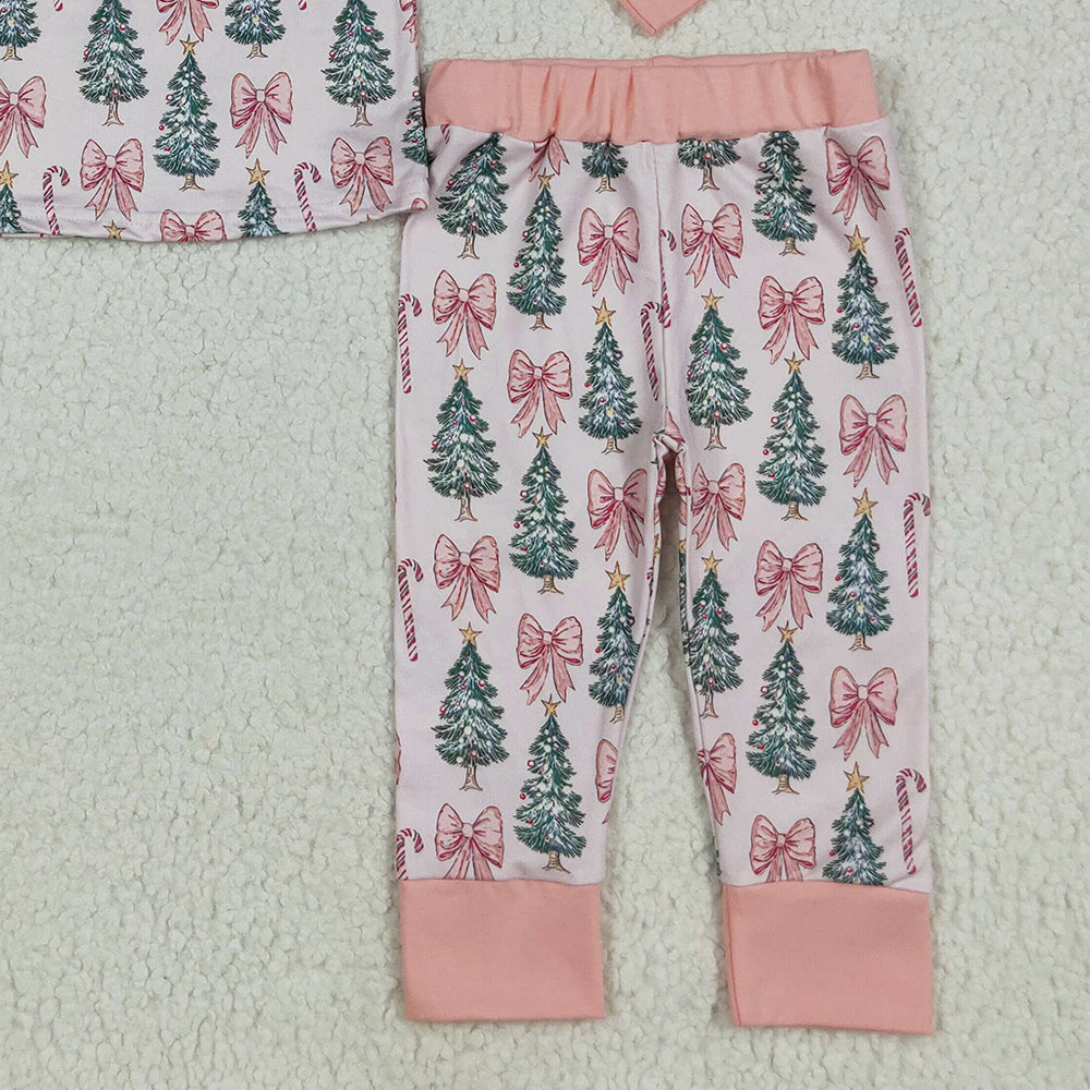 8.14 GLP2423RTS NO MOQ Baby Girls Winter Outfits Baby Girls Pink Long Sleeves Bows Trees Top Pant Pajamas Set