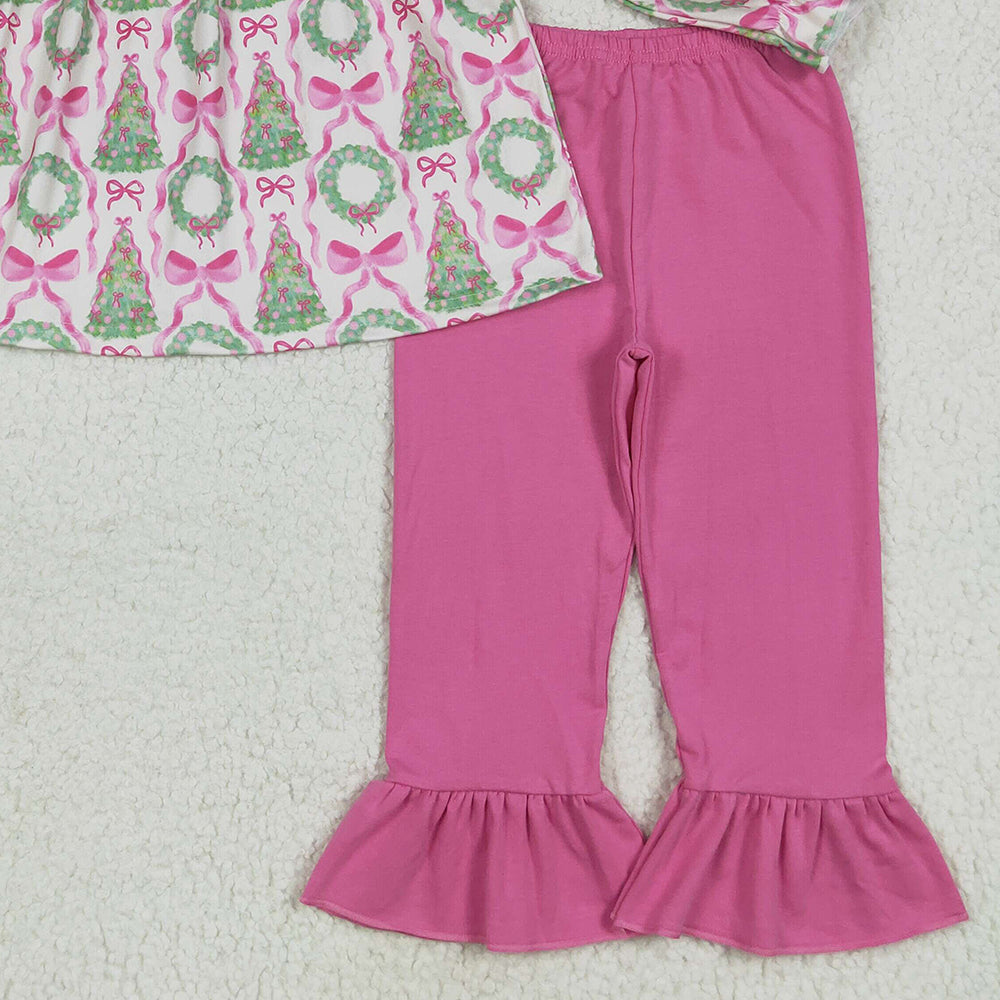 RTS NO MOQ （In stock） GLP2339  Baby Girls Winter Outfits Baby Girls Long Sleeves Trees Bows Tunic Ruffle Pant Set