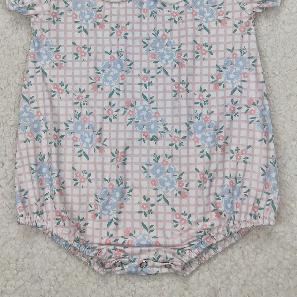 4.08 SR2878 RTS NO MOQ Baby Girls Summer Romper Short sleeves pink plaid floral baby girls romper