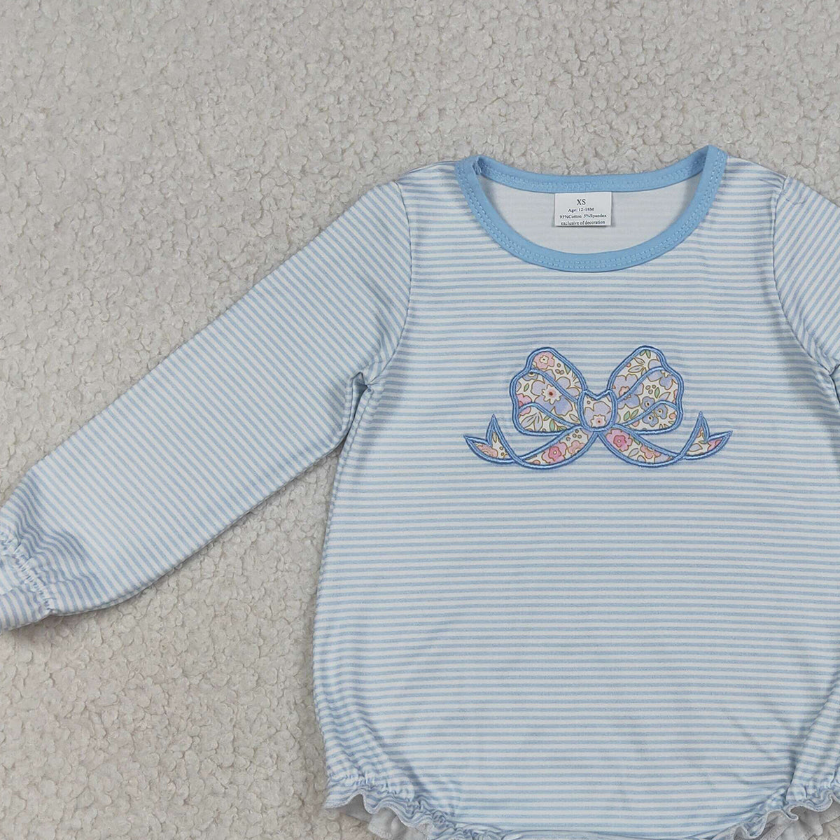 3.19 RTS NO MOQ （In stock）LR2917 Baby Girls Fashion Long Sleeve Embroidery Flowers Bow Blue Stripe Ruffle Rompers