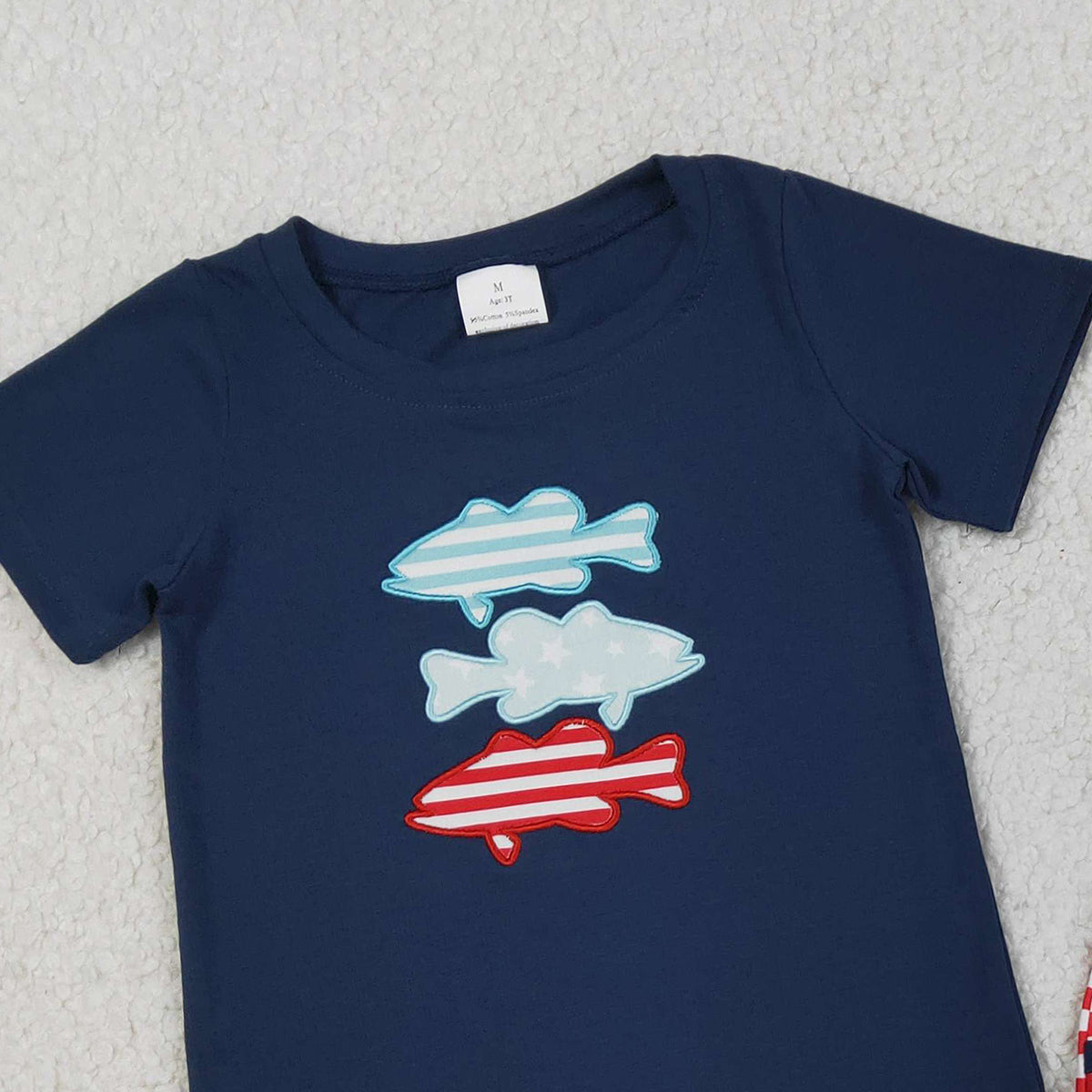 3.14 RTS NO MOQ （In stock）BSSO1741 Fashion Clothing For Baby Boys Embroidery Fishes Top Stripe Pockets Shorts 4th of July Clothes Sets