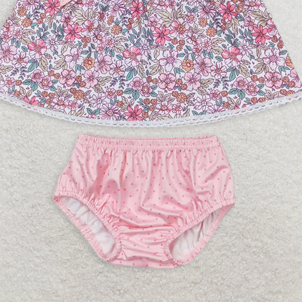 GBO0313RTS NO MOQ Baby Girls Summer Outfits  Baby Girls Pink Flowers Bows Tunic Top Bummies Clothes Sets