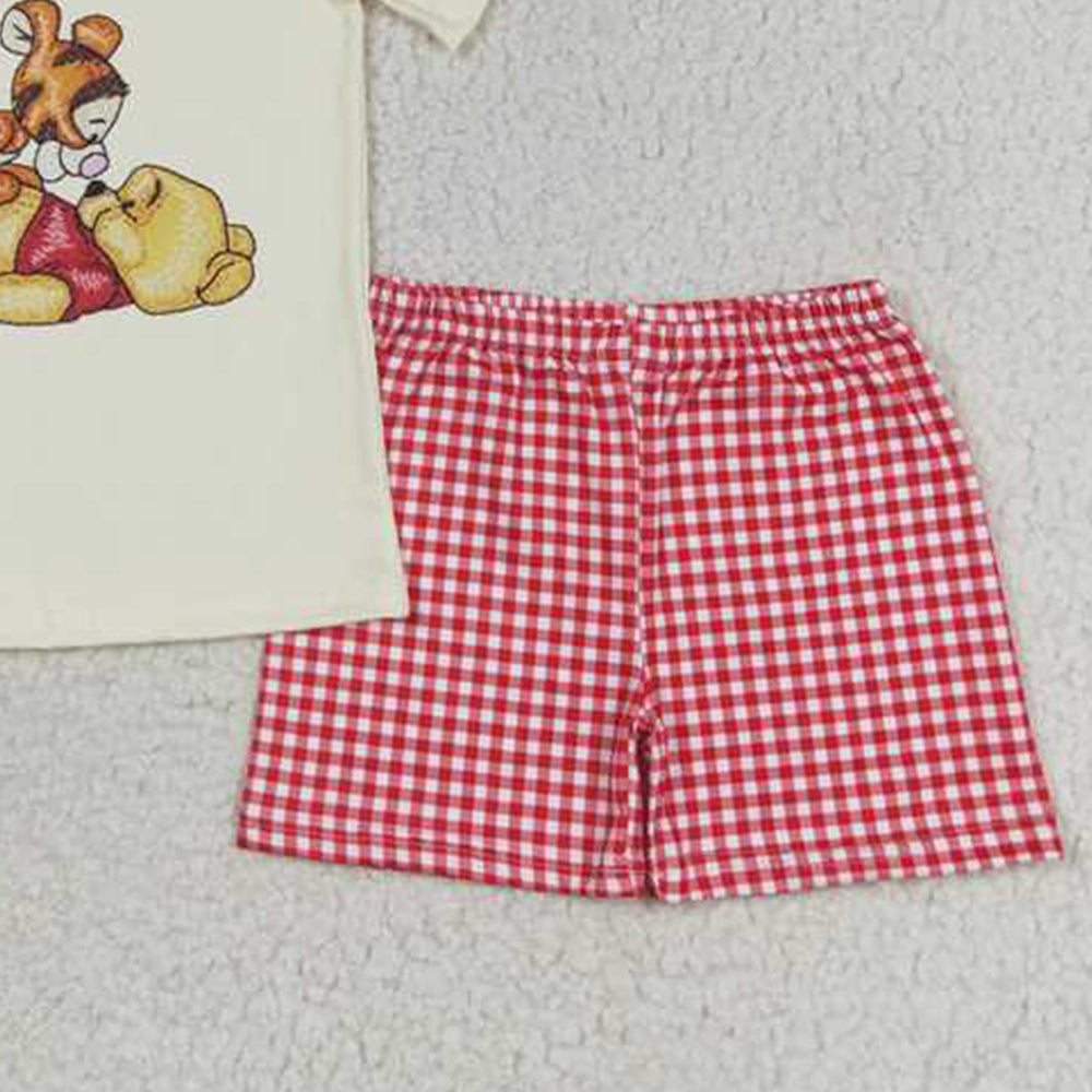 BSSO0939Boys Plaid Shorts And Bear Top Short Sleeve Outfit Children's Clothing Set