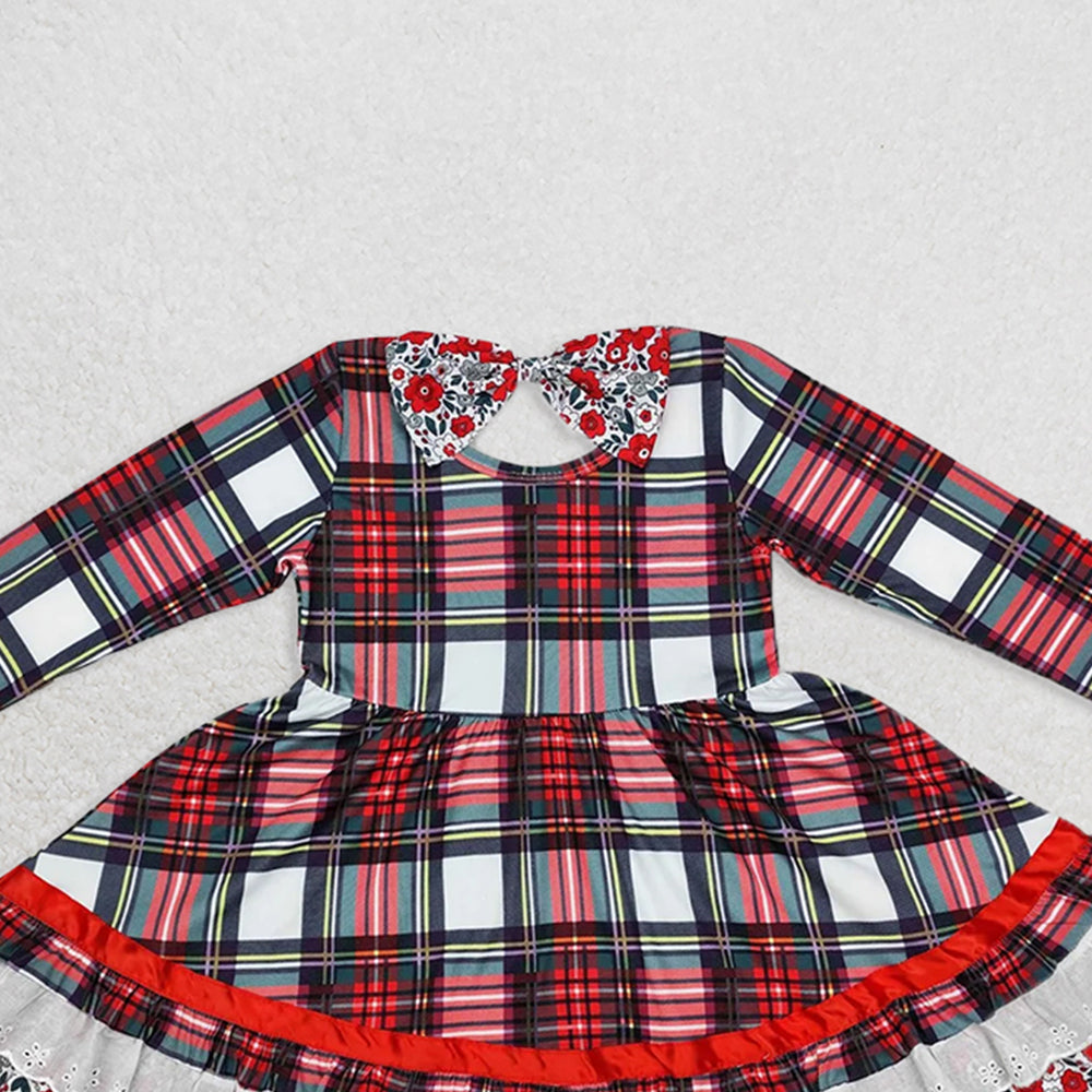 GLD0838RTS NO MOQ Baby Girls Winter Dress  Baby Girls Christmas Green Red Checkered Ruffle Knee Length Dresses