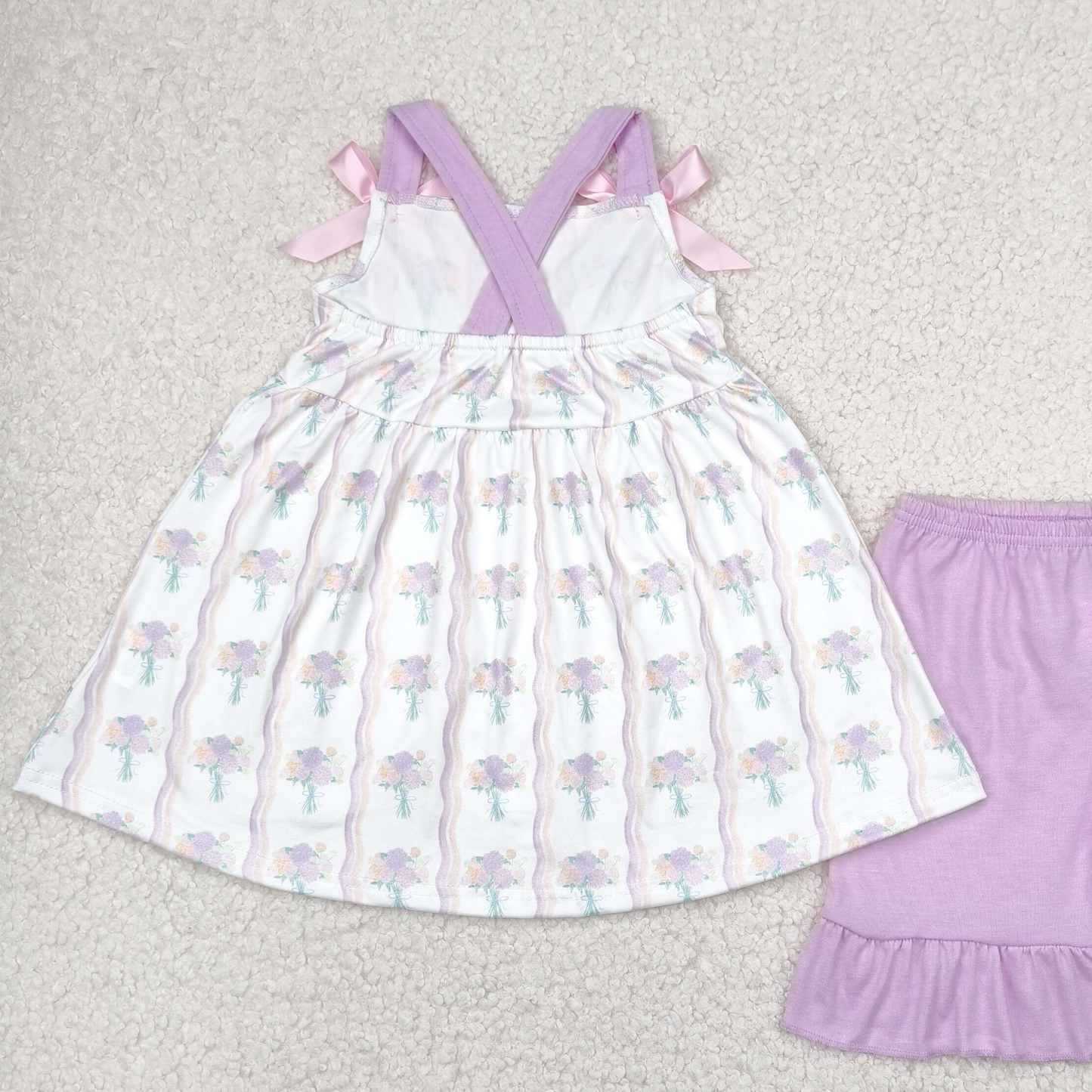 6.13 GSSO2430 RTS NO MOQ   Baby Girls Summer Outfits Baby Girls Hot Pink Strap Floral Stripe Tunic Ruffle Short Set