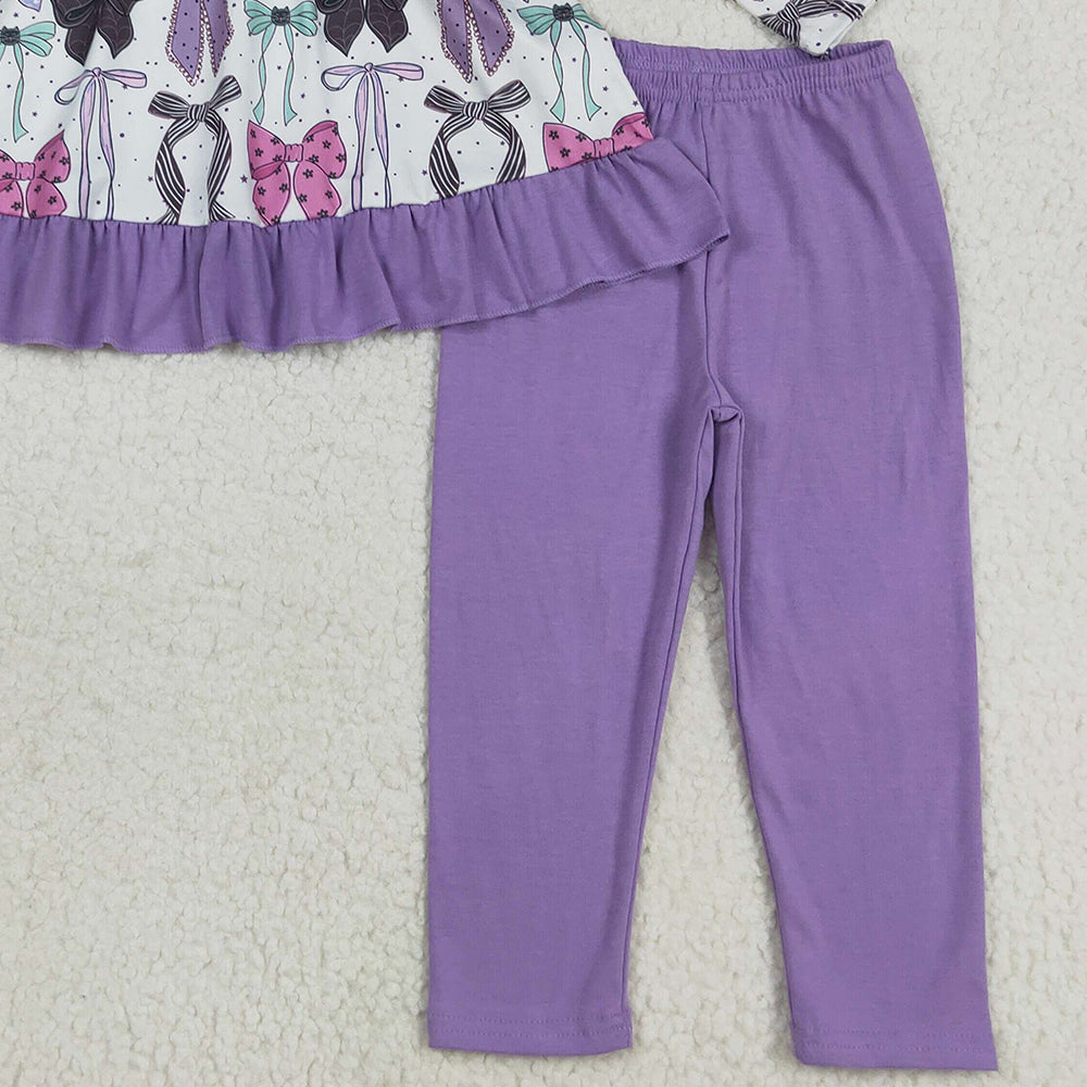 RTS NO MOQ （In stock） GLP2528 Baby Girls Winter Outfits Baby Girls Long Sleeves Purple Bows Button Top Legging Pants Sets
