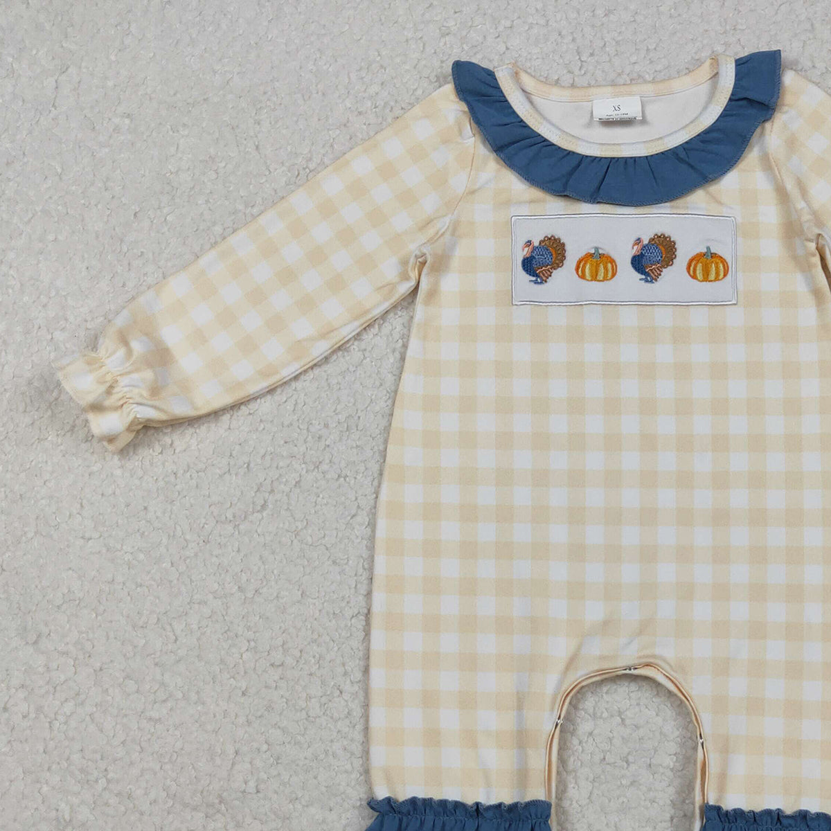 10.17 RTS NO MOQ （In stock）LR2438 Baby Girls Winter Rompers Embroidery Turkey Pumpkins Baby Girls Thanksgiving Ruffle Footie Rompers