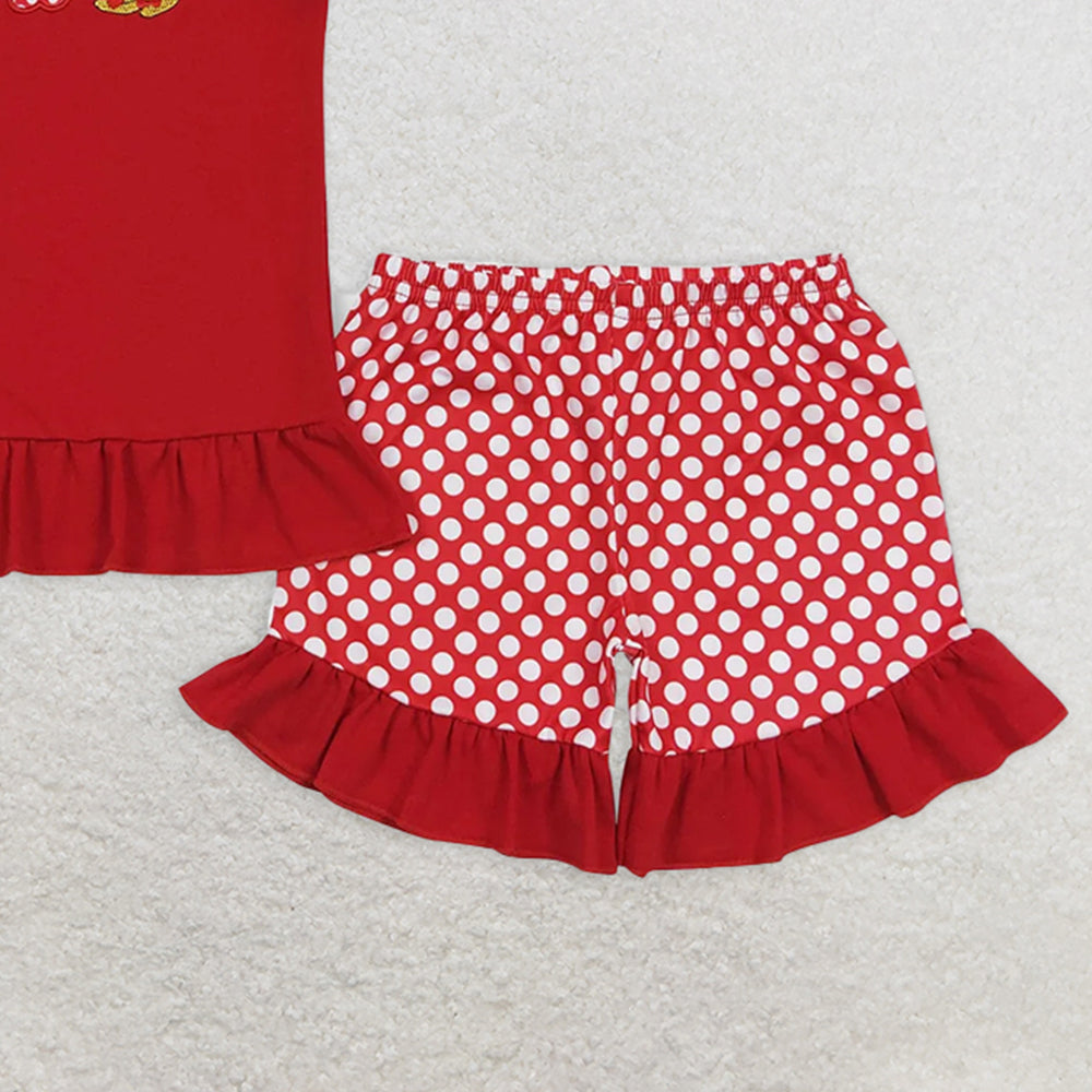 GSSO0450RTS NO MOQ Baby Girls Summer Outfits Red short sleeves mouse top ruffle shorts girls outfits
