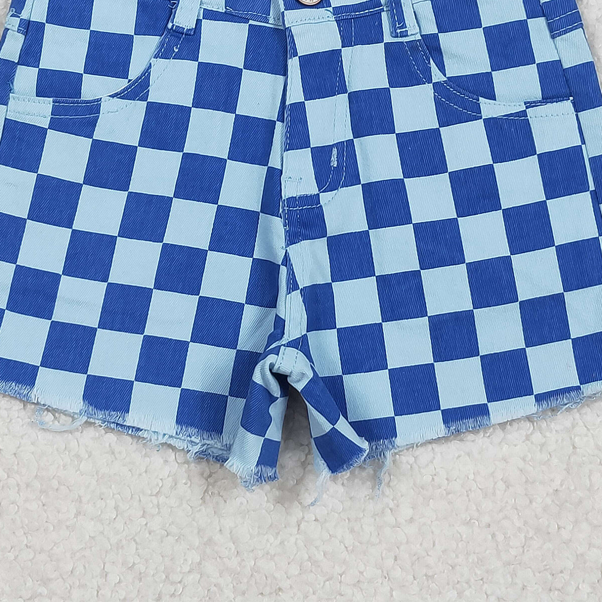12.13 RTS NO MOQ （In stock）SS0763 Baby Girls Summer Shorts Baby Girls Blue Checked Pockets Denim Shorts Bottom