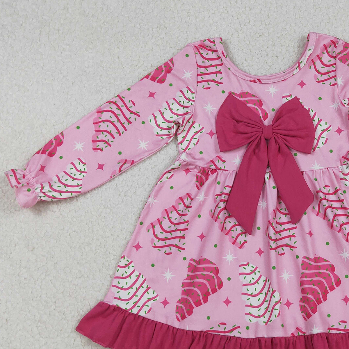 10.14 RTS NO MOQ （In stock）GLD1276 Baby Girls Winter Dress Baby Girls Pink Stripe Trees Stars Bow Christmas Ruffle Knee Length Dresses