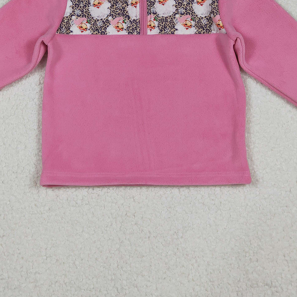 RTS NO MOQ （In stock）GT1151 Baby Girls Long Sleeve Tops Santa Leopard Christmas Half Zipper Pullover Sherpa Tops