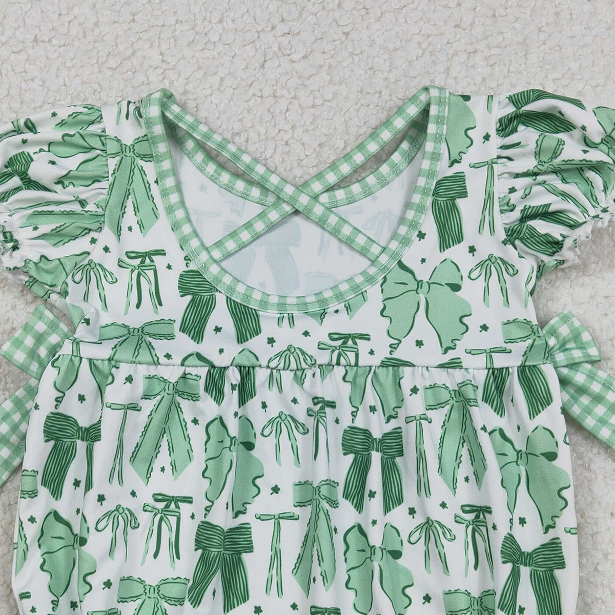 12.12 RTS NO MOQ （In stock）SR3305 Baby Girls Summer Rompers Baby Girls Green Clovers St Patrick Bows Ruffle Rompers