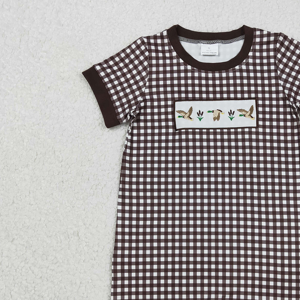 RTS NO MOQ （In stock）SR3164 Baby Boys Summer Rompers Brown Plaid Short Rompers with Ducks Design Short Sleeves Cute Infant Outfit