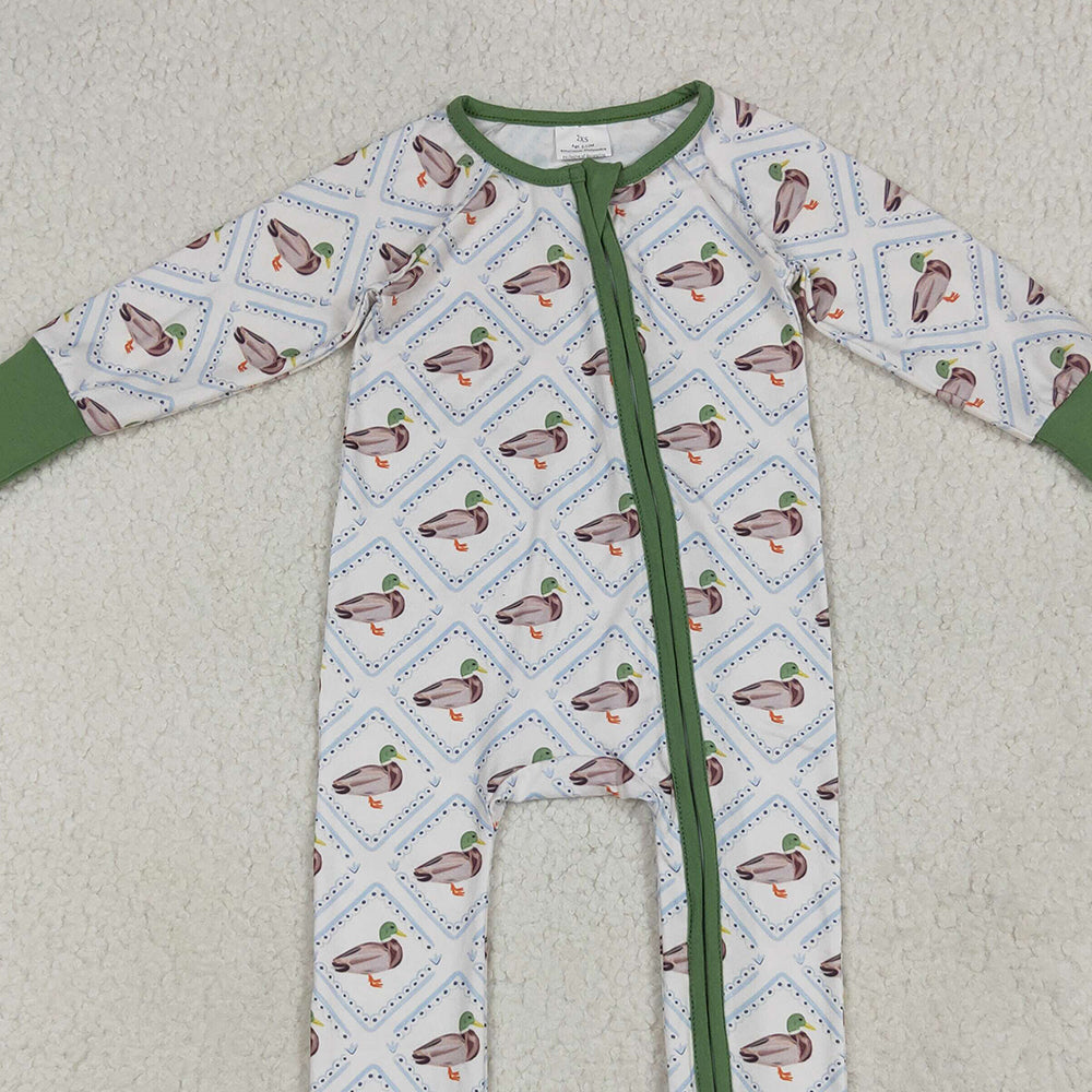 USA Shop (in stock)LR2269 Baby Girls Winter Rompers Baby Girls Long Sleeves Green Ducks Plaid Zipper Rompers