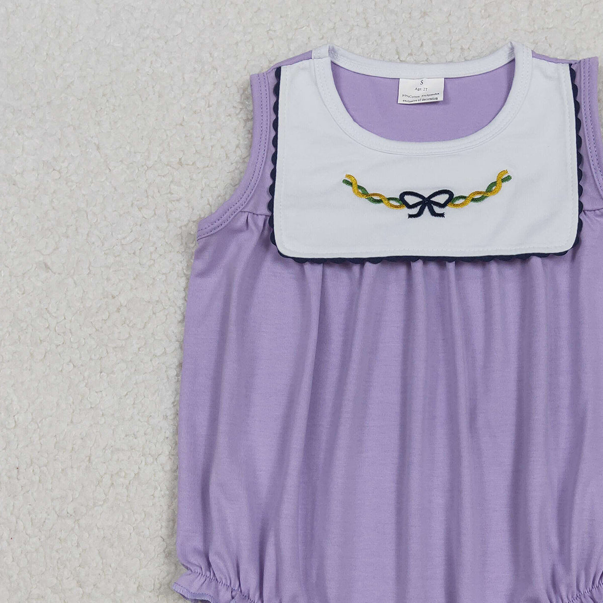 11.6 RTS NO MOQ （In stock）SR3235 Baby Girls Summer Rompers Embroidery Bows Baby Girls Sleeveless Mardigrass Ruffle Rompers