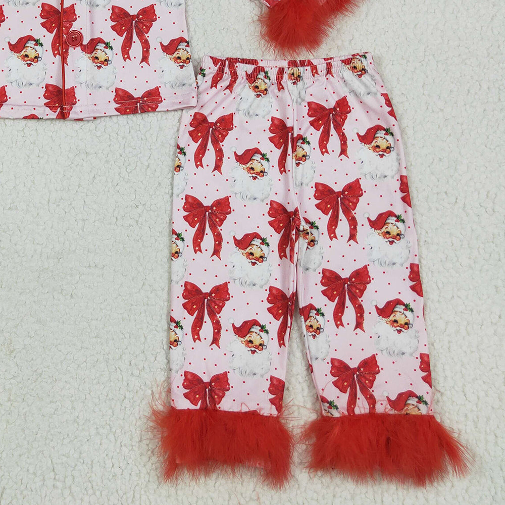 GLP2373 RTS NO MOQ Baby Girls Winter Outfits Baby Girls Red Christmas Fur Bows Santa Button Top Pants Pajamas Sets
