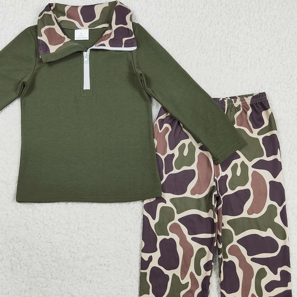 RTS NO MOQ （In stock）BLP1138 Baby Boys Winter Outfits Baby Boys Dark Green Long Sleeves Zipper Top Camo Pant Western Set