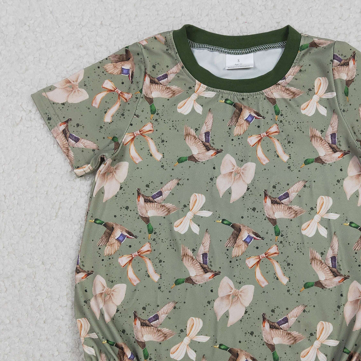 12.11 RTS NO MOQ （In stock）SR3421 Baby Boys Rompers Baby Girls Short Sleeve Green Ducks Bows Hunting Rompers