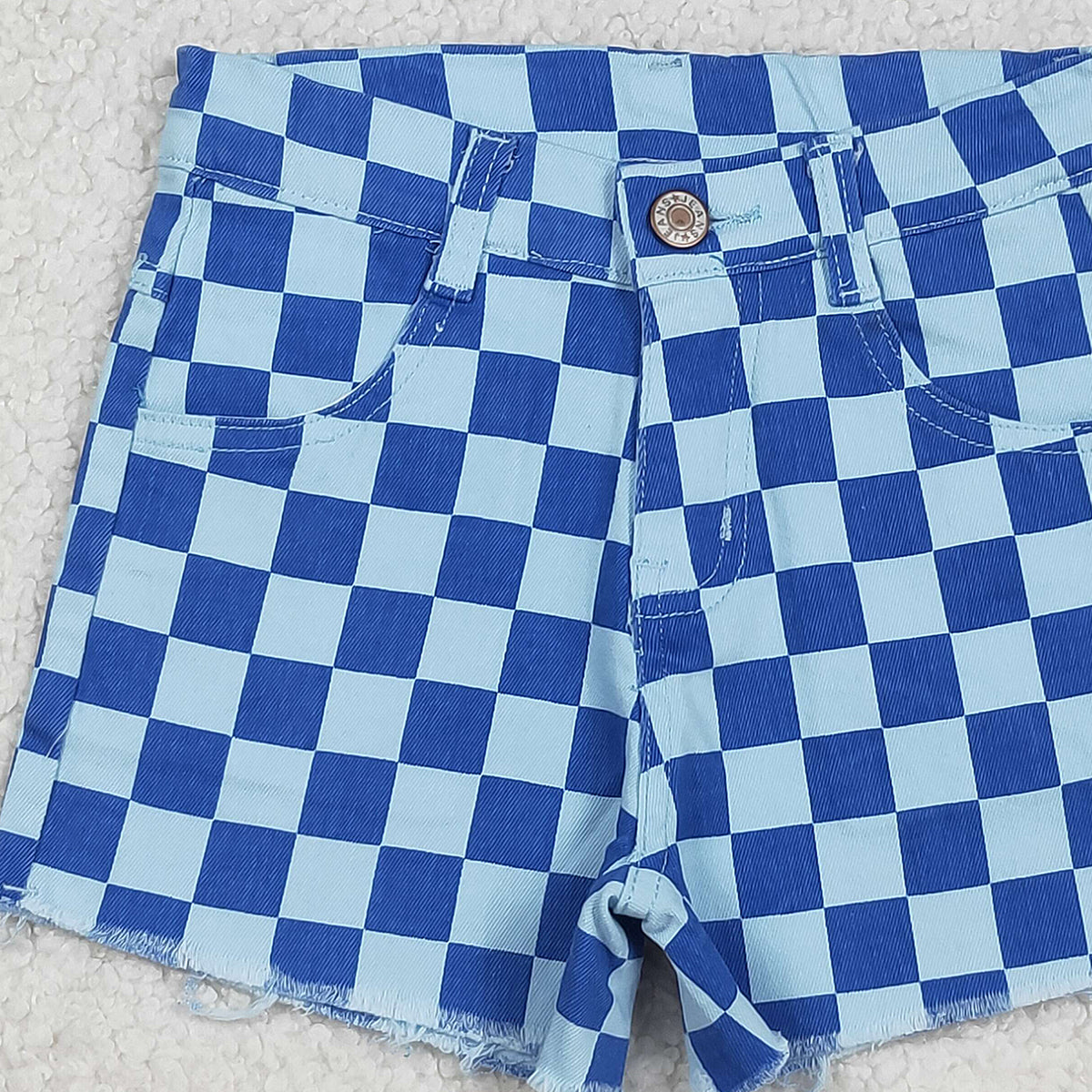 12.13 RTS NO MOQ （In stock）SS0763 Baby Girls Summer Shorts Baby Girls Blue Checked Pockets Denim Shorts Bottom