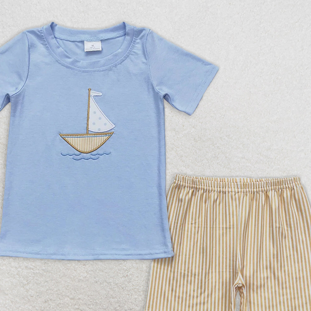 BSSO0602 RTS NO MOQ Baby Boys Summer Boys Outfits Baby Boys Sailboat Blue Short Sleeve Shirt Shorts Clothes Sets
