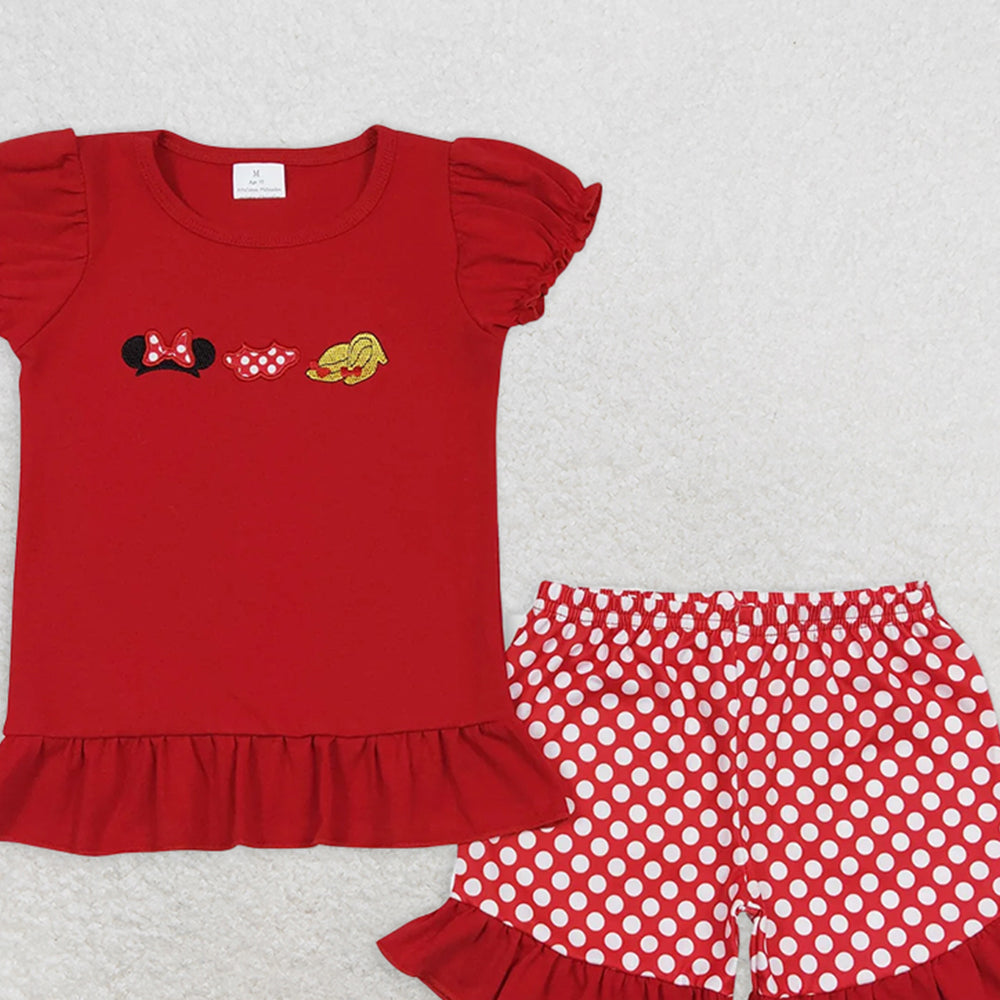 GSSO0450RTS NO MOQ Baby Girls Summer Outfits Red short sleeves mouse top ruffle shorts girls outfits
