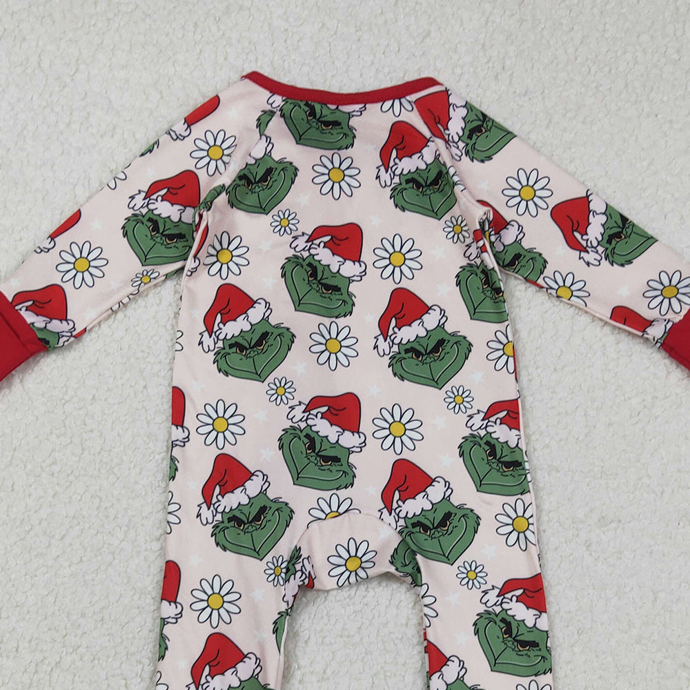 RTS NO MOQ （In stock）LR2489Baby Girls Winter Rompers Baby Girls Green Face Flowers Ruffle Zipper Christmas Rompers