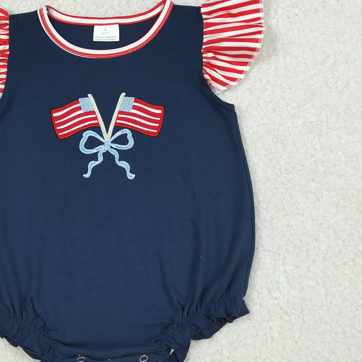4.2 SR3903 RTS NO MOQ （In stock) Flutter sleeves flag bow embroidery baby 4th of july romper