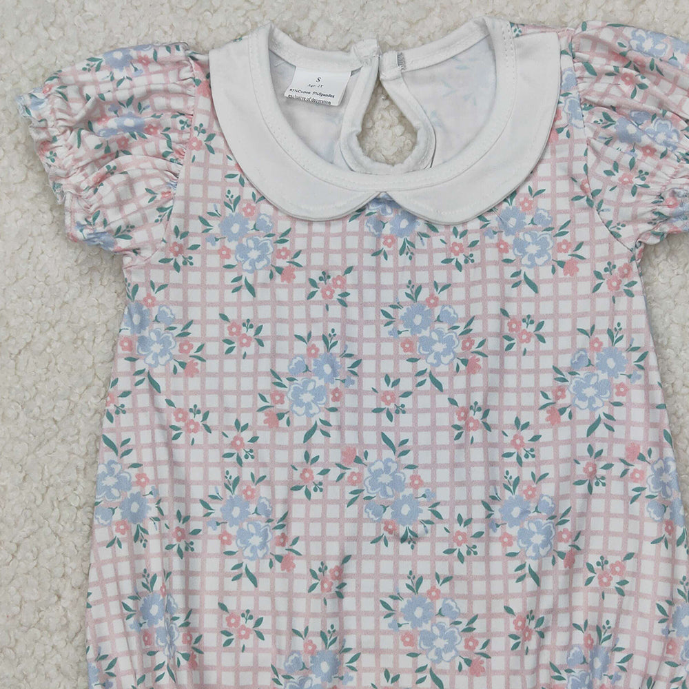 4.08 SR2878 RTS NO MOQ Baby Girls Summer Romper Short sleeves pink plaid floral baby girls romper
