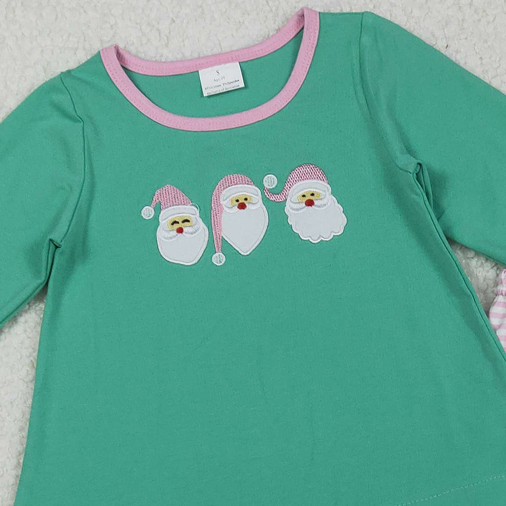 RTS NO MOQ （In stock）GLP2575 Baby Girls Winter Outfits  Green Christmas Santa Tunic with Stripe Legging Pant Sets